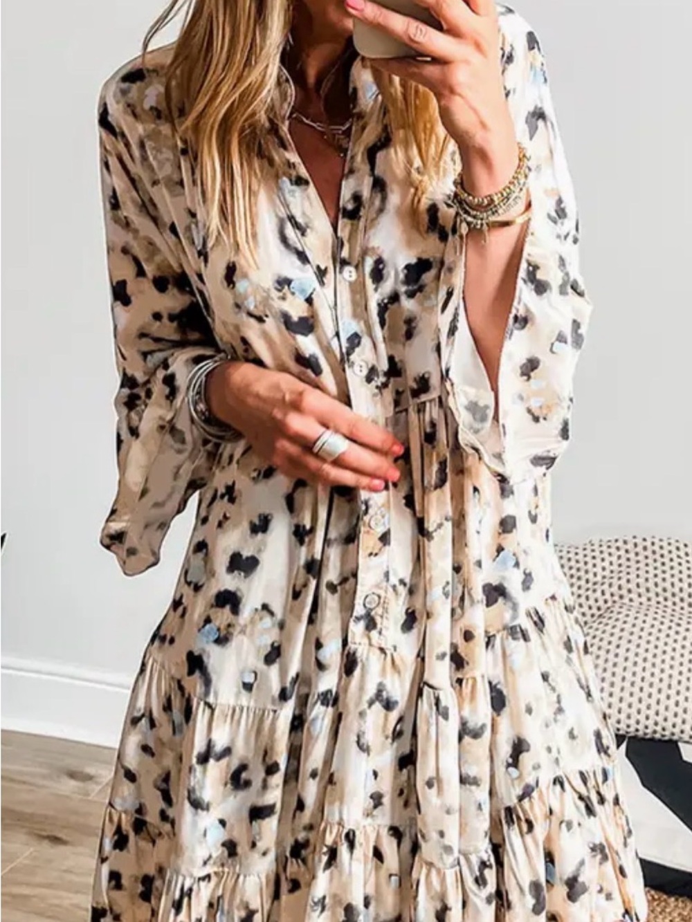 Boho Tiered Button-Front Dress in Cream Animal Print
